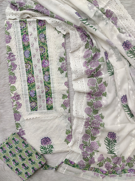 Exclusive Unstitched Cotton Suit with Mulmul Embroidery Dupatta
