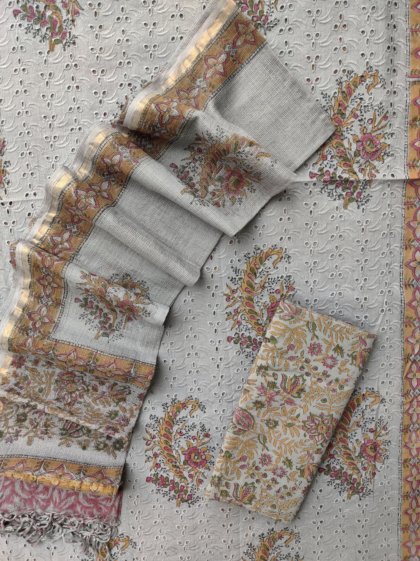 Hand Block Printed Cotton Schiffli Suit with Kota Doria Dupatta