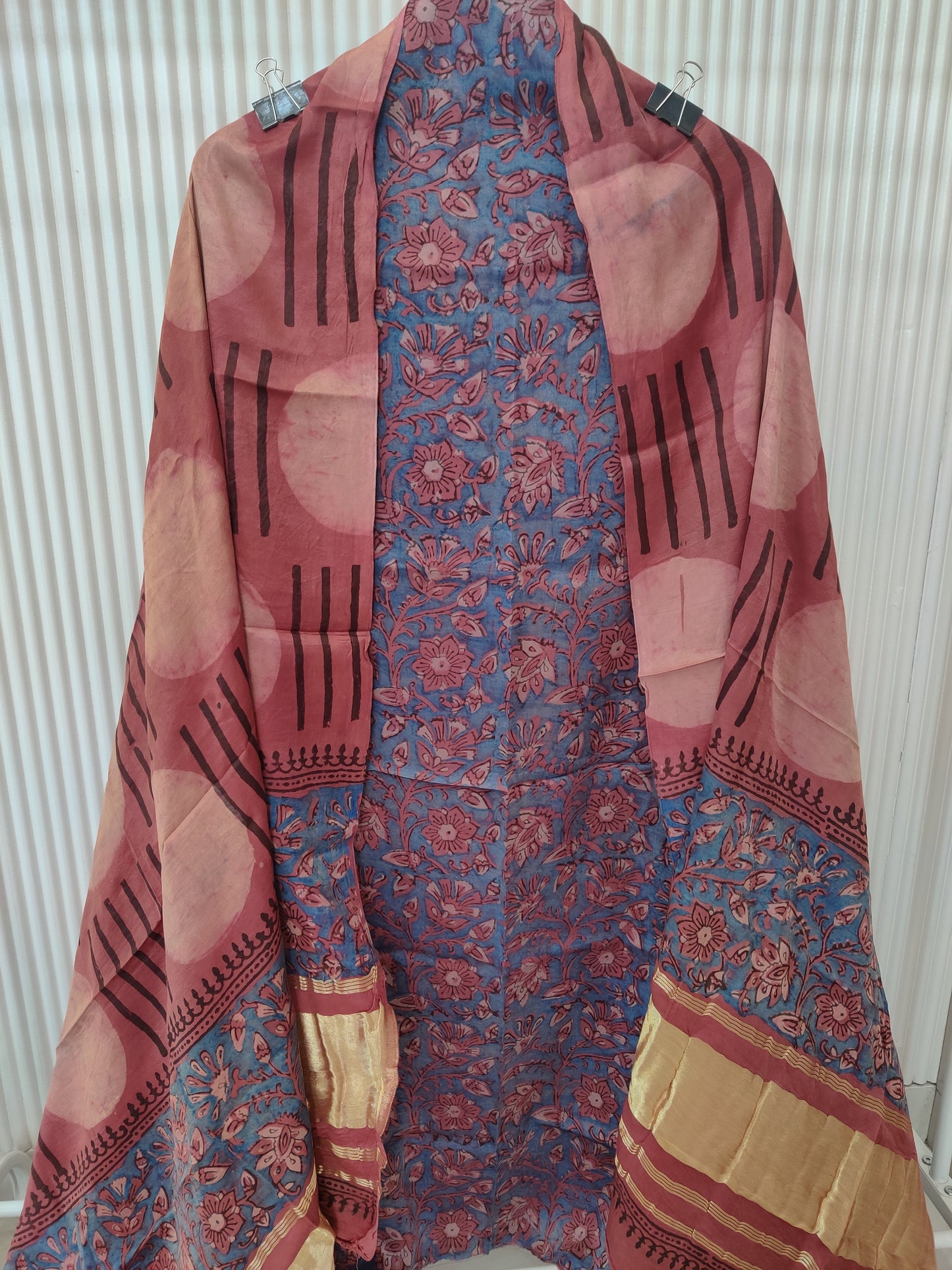 (NASHPAL) Hand Block Printed Modal Silk TOP with Modal Silk Lagdi Patta Dupatta (NO BOTTOM)