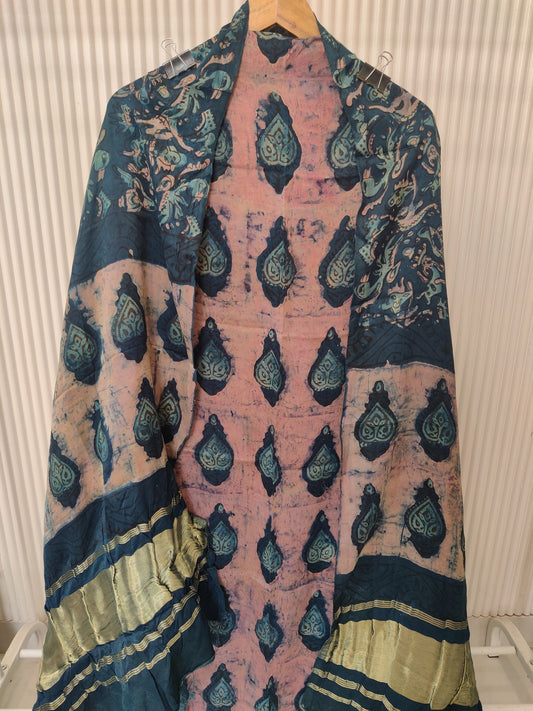 (NASHPAL) Hand Block Printed Modal Silk TOP with Modal Silk Lagdi Patta Dupatta (NO BOTTOM)