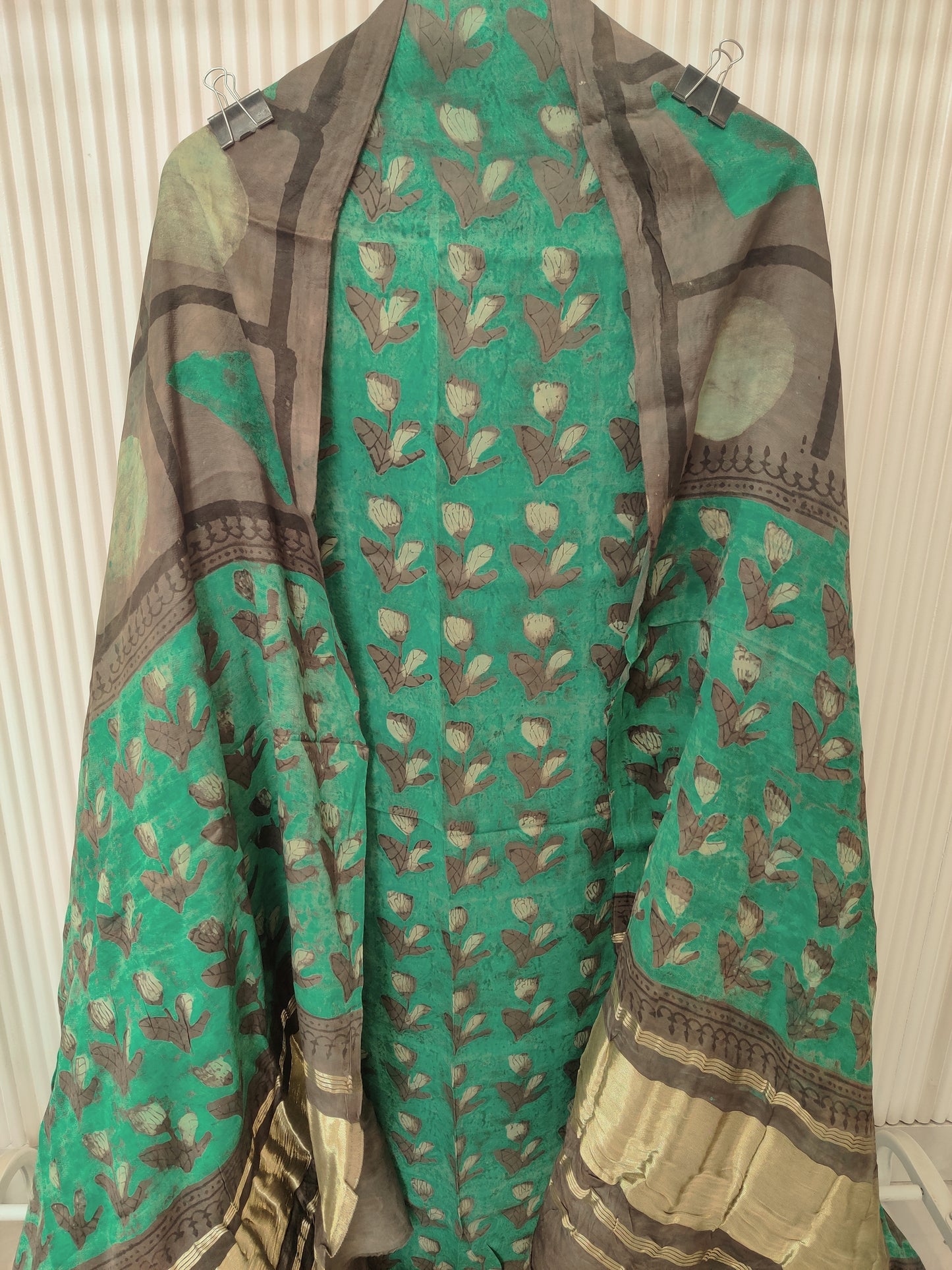 (NASHPAL) Hand Block Printed Modal Silk TOP with Modal Silk Lagdi Patta Dupatta (NO BOTTOM)