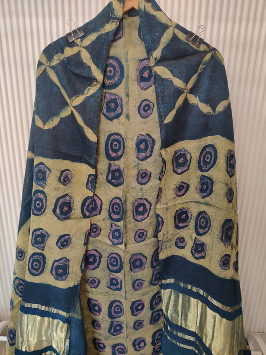 (NASHPAL) Hand Block Printed Modal Silk TOP with Modal Silk Lagdi Patta Dupatta (NO BOTTOM)
