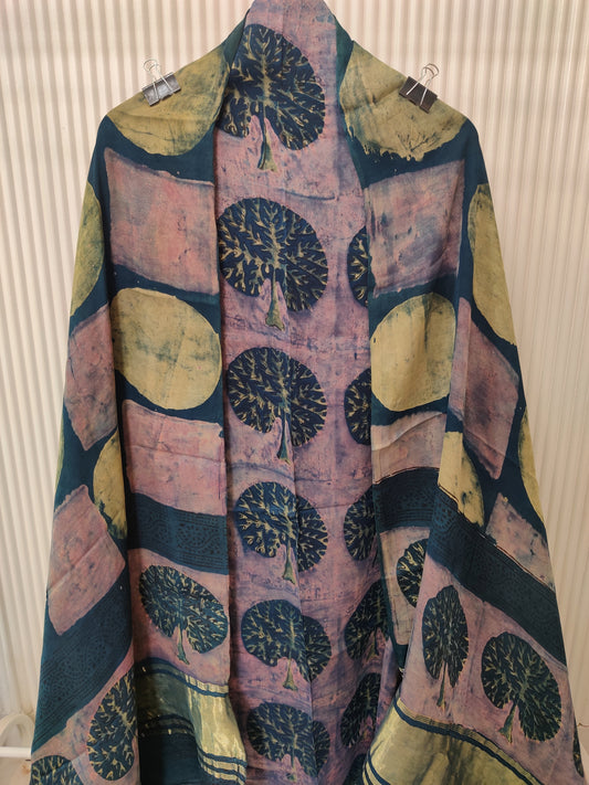 (NASHPAL) Hand Block Printed Modal Silk TOP with Modal Silk Lagdi Patta Dupatta (NO BOTTOM)
