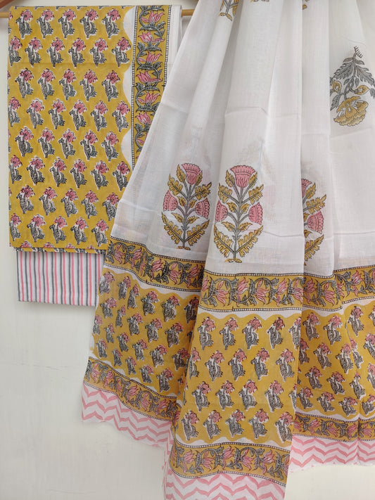 (SALE) Hand Block Printed Cotton Suit With Mulmul Cotton Dupatta