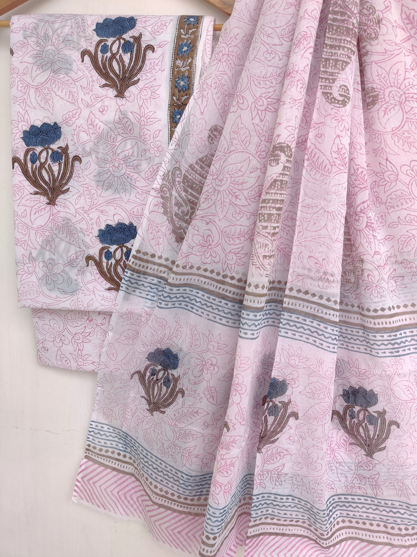 Hand Block Printed Cotton Suit With Mulmul Cotton Dupatta