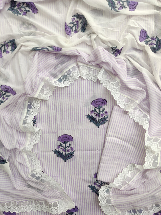 Hand Block Printed Cotton Suit With Lace Work Mulmul Dupatta