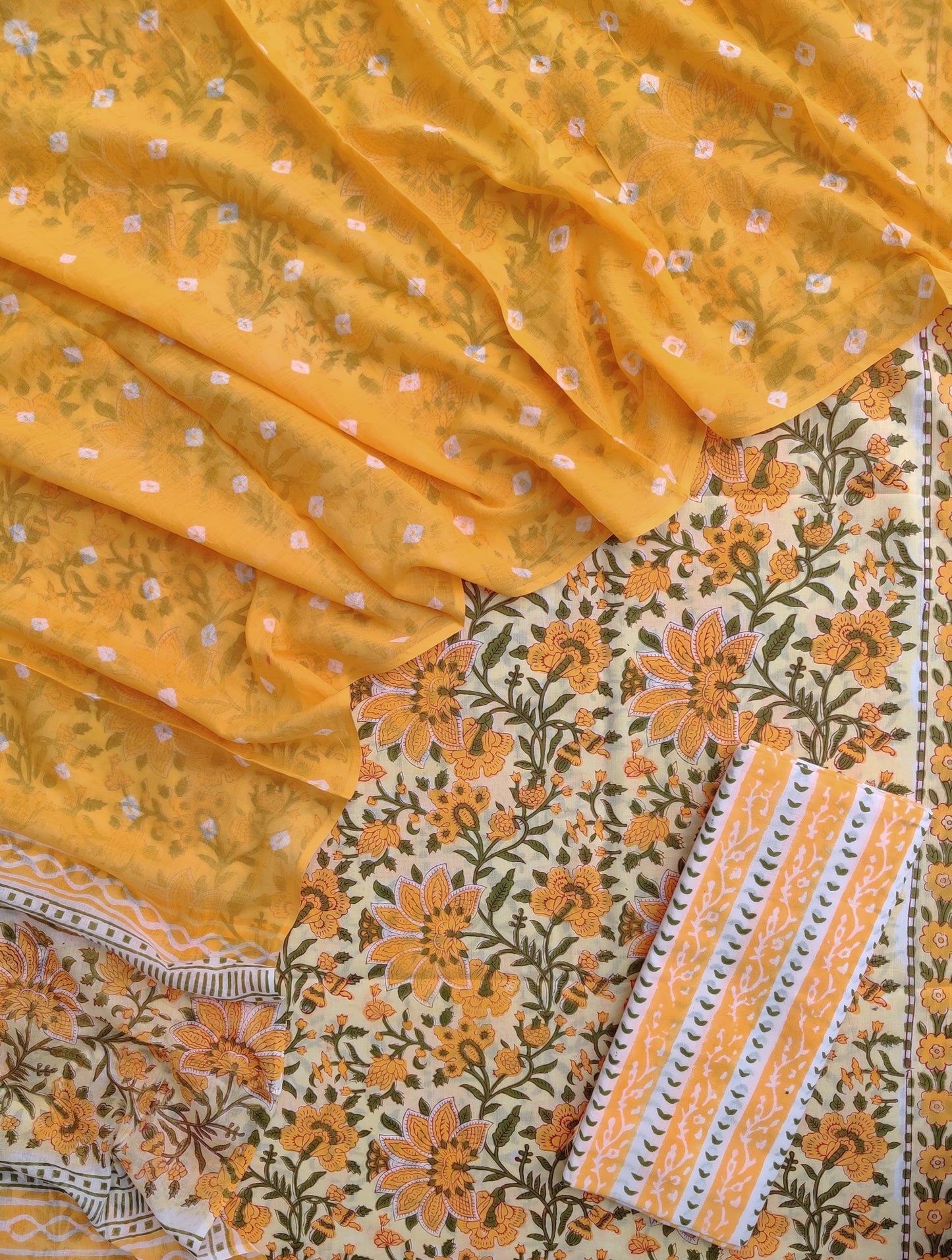 Hand Block Printed Cotton Suits with Mulmul Bandhej Dupatta