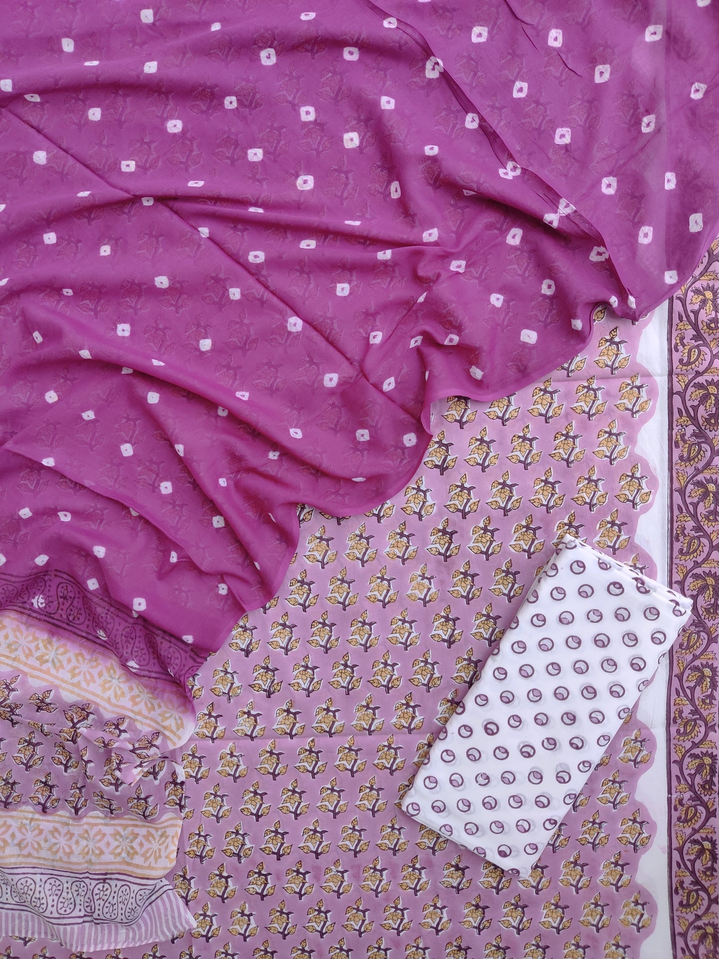 Hand Block Printed Cotton Suits with Mulmul Bandhej Dupatta