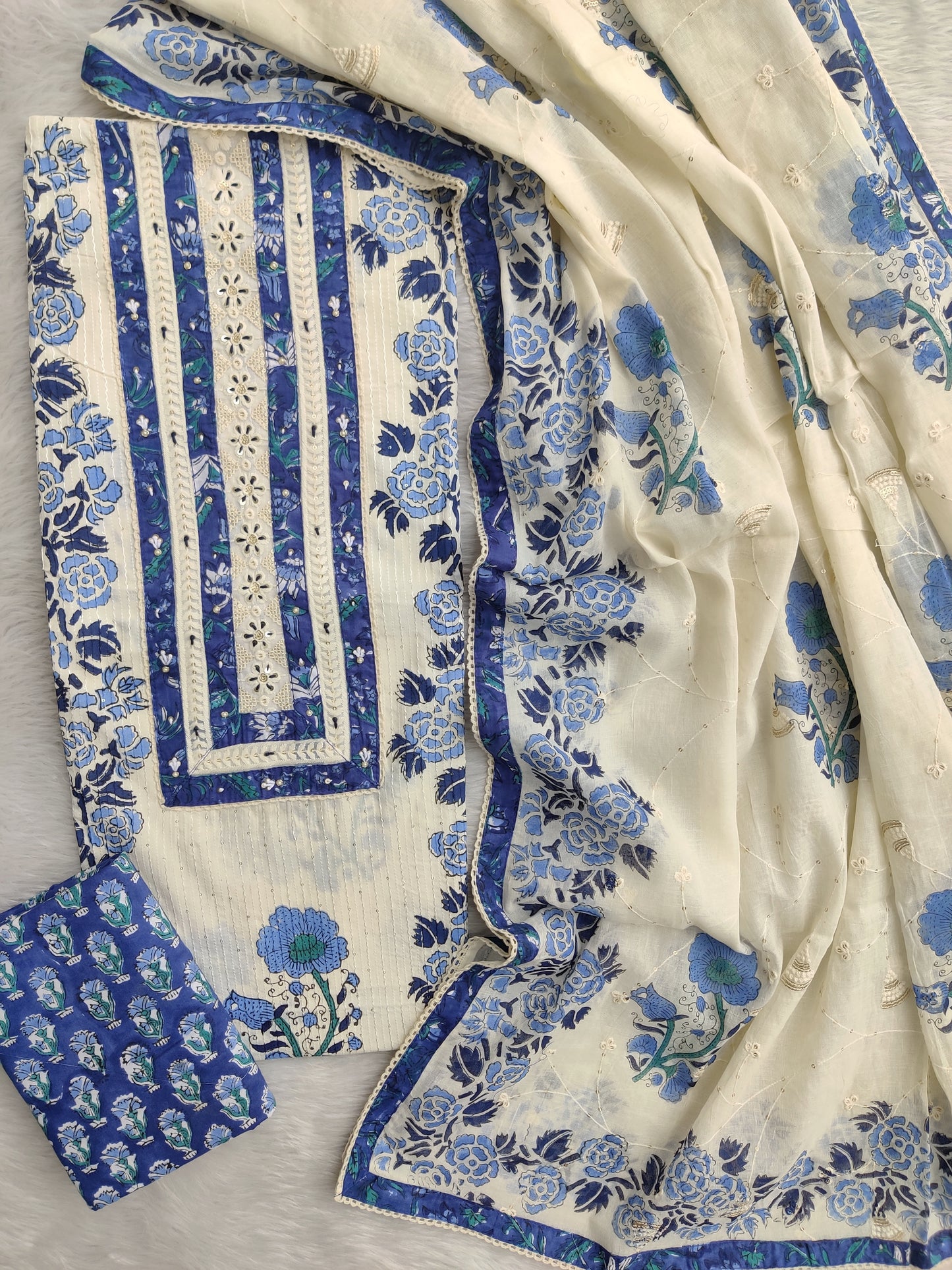 Exclusive Unstitched Cotton Suit with Mulmul Embroidery Dupatta