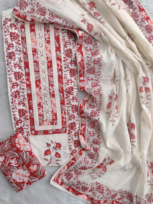 Exclusive Unstitched Cotton Suit with Mulmul Embroidery Dupatta