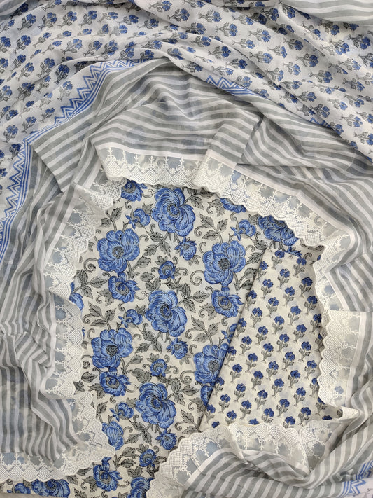 Hand Block Printed Cotton Suit With Lace Work Mulmul Dupatta