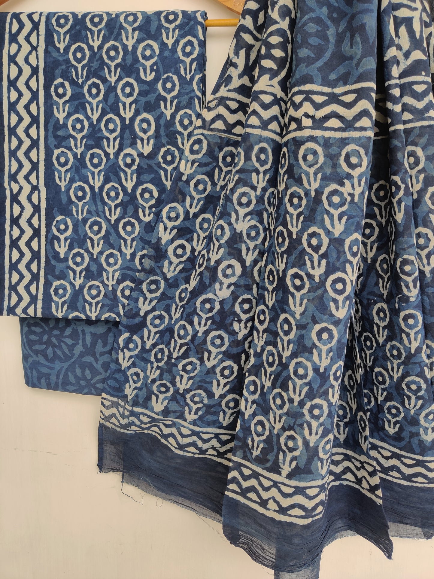 INDIGO Hand Block Printed Cotton Suit With Mulmul Cotton Dupatta
