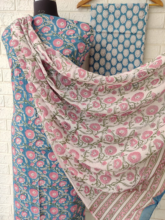 Hand Block Printed Cotton Suit With Mulmul Cotton Dupatta