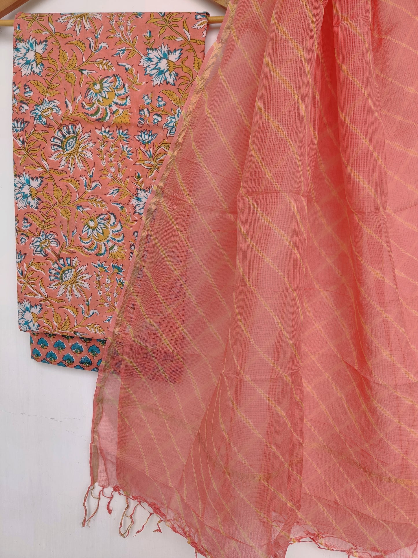 BLOCK PRINTED COTTON SUIT WITH LEHRIYA KOTA DORIA DUPATTA