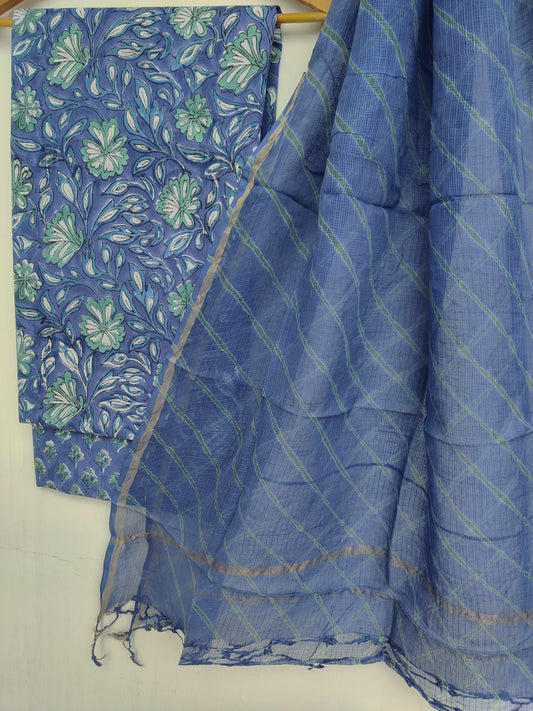 BLOCK PRINTED COTTON SUIT WITH LEHRIYA KOTA DORIA DUPATTA
