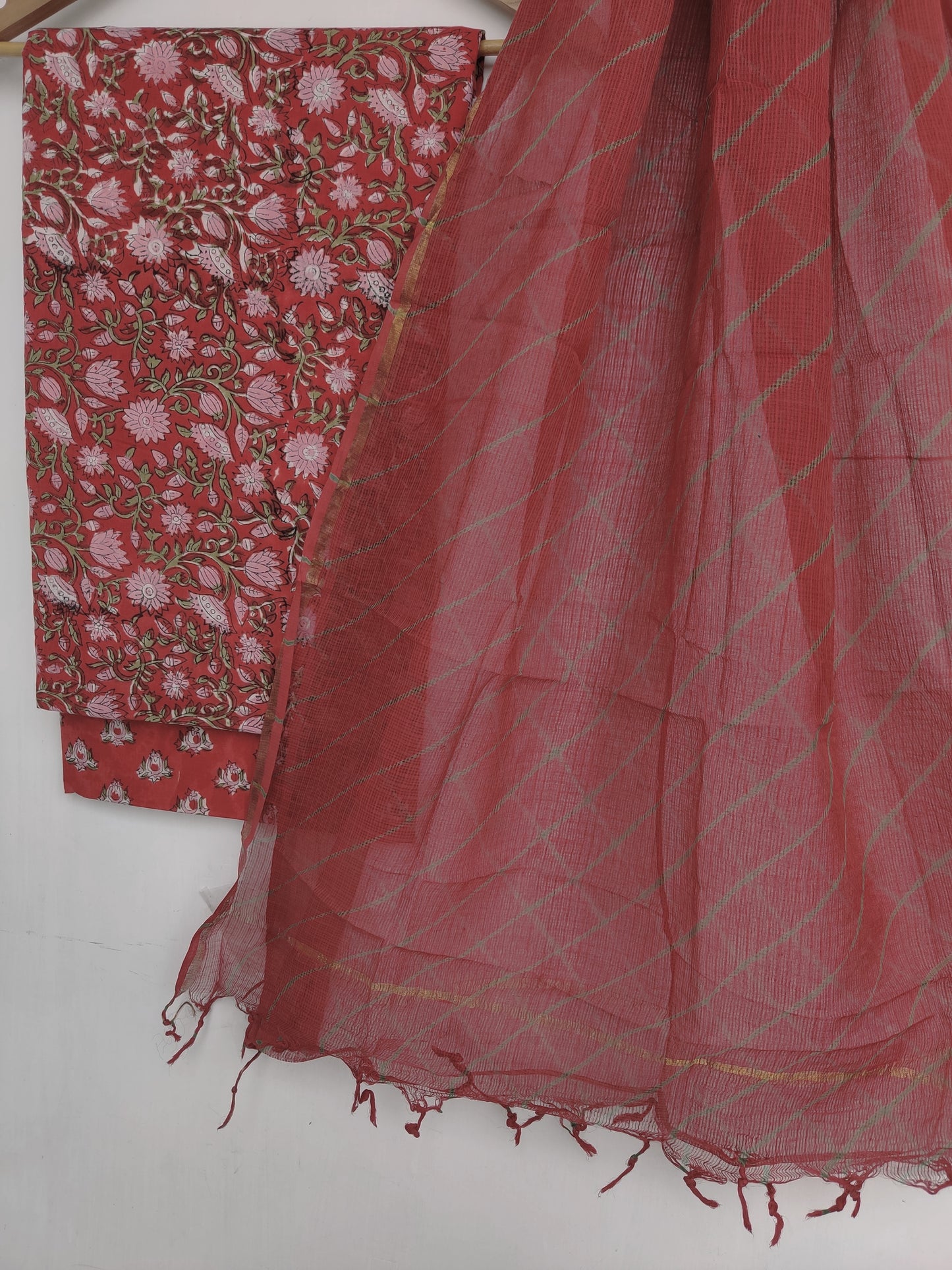 BLOCK PRINTED COTTON SUIT WITH LEHRIYA KOTA DORIA DUPATTA
