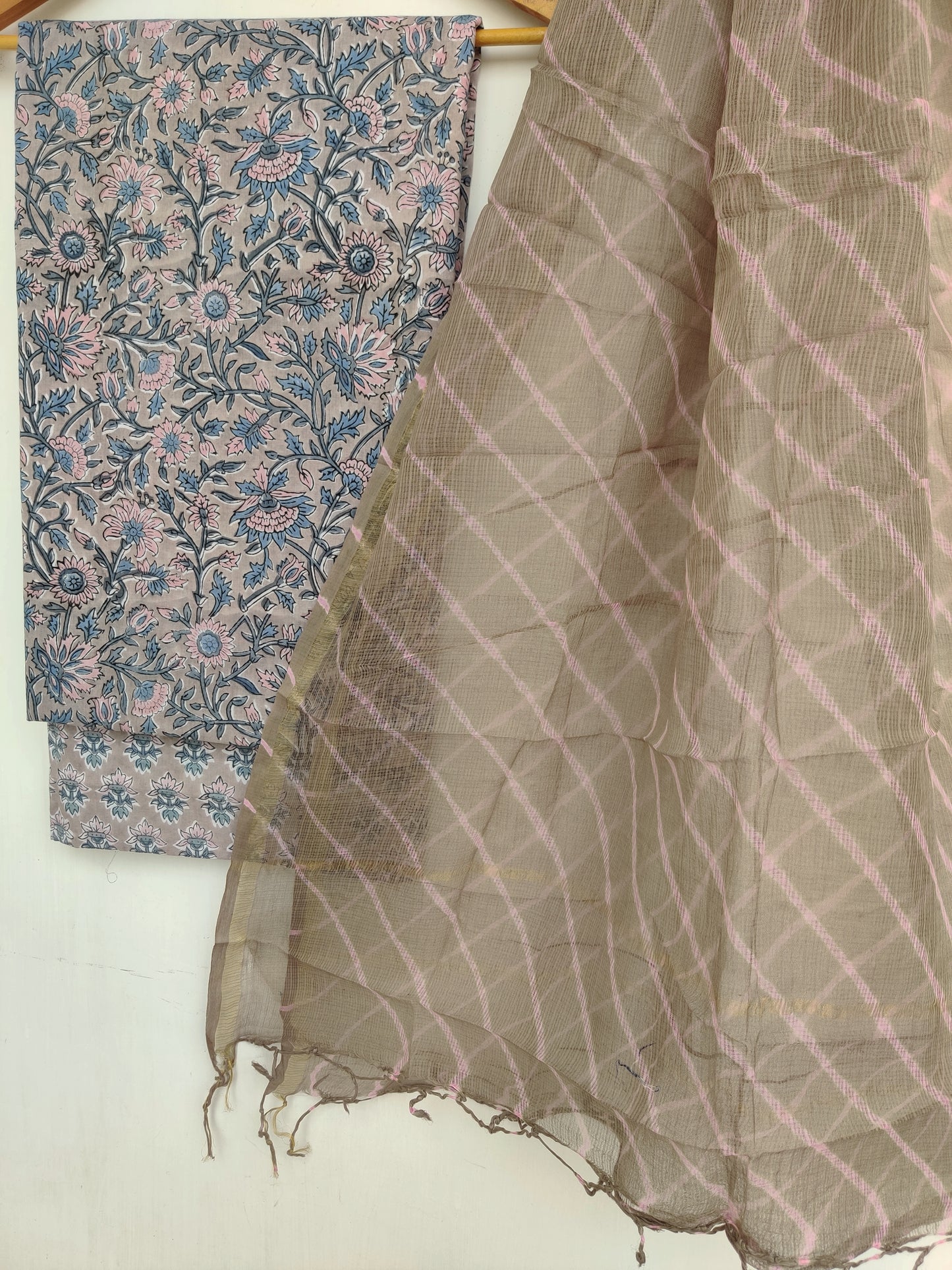 BLOCK PRINTED COTTON SUIT WITH LEHRIYA KOTA DORIA DUPATTA