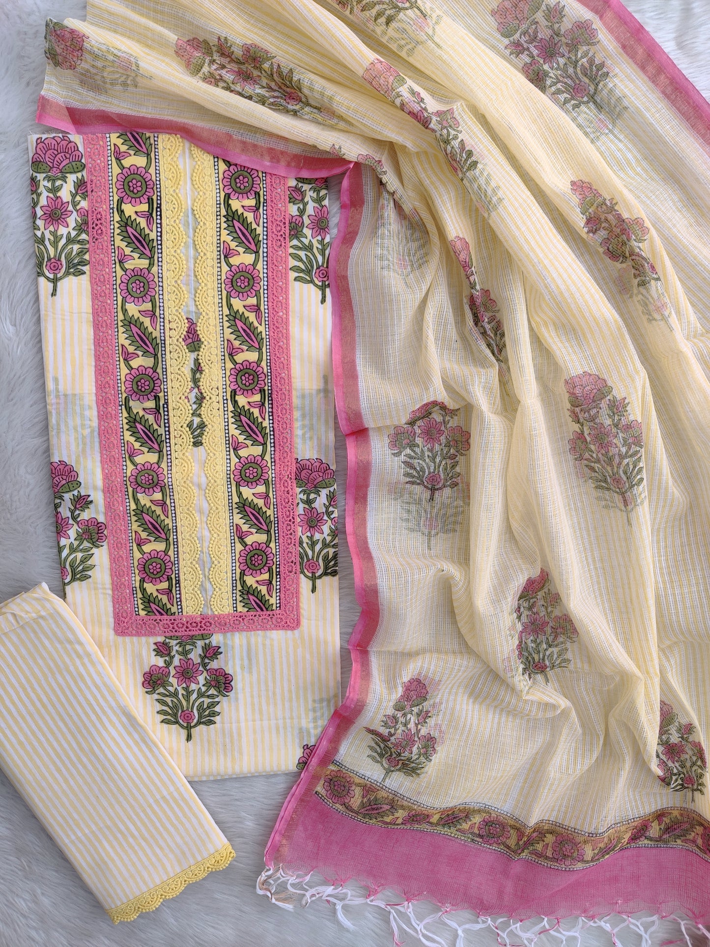 HAND BLOCK PRINTED NECK WORK SUITS WITH KOTA DORIA DUPATTA