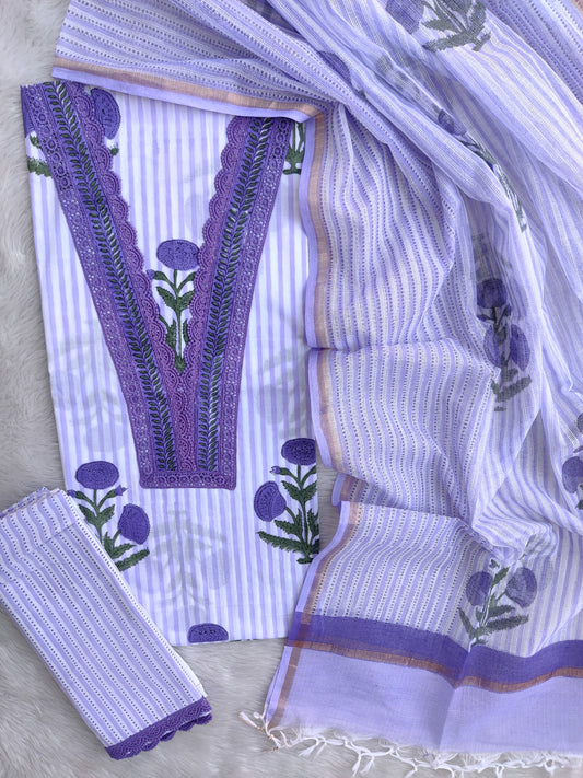 HAND BLOCK PRINTED NECK WORK SUITS WITH KOTA DORIA DUPATTA