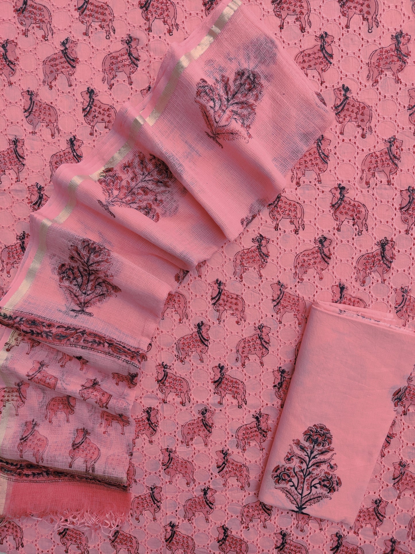 Hand Block Printed Cotton Schiffli Suit with Kota Doria Dupatta