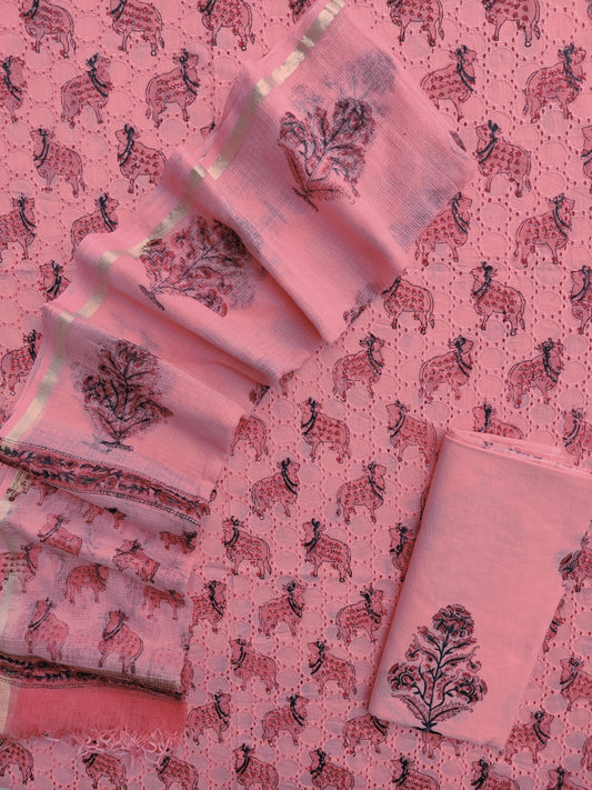 Hand Block Printed Cotton Schiffli Suit with Kota Doria Dupatta