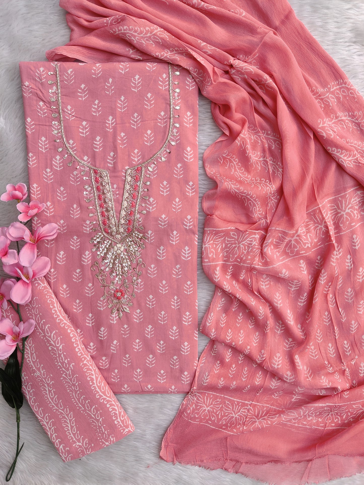 FLORAL PRINTED COTTON GOTA PATTI SUIT WITH CHIFFON DUPATTA