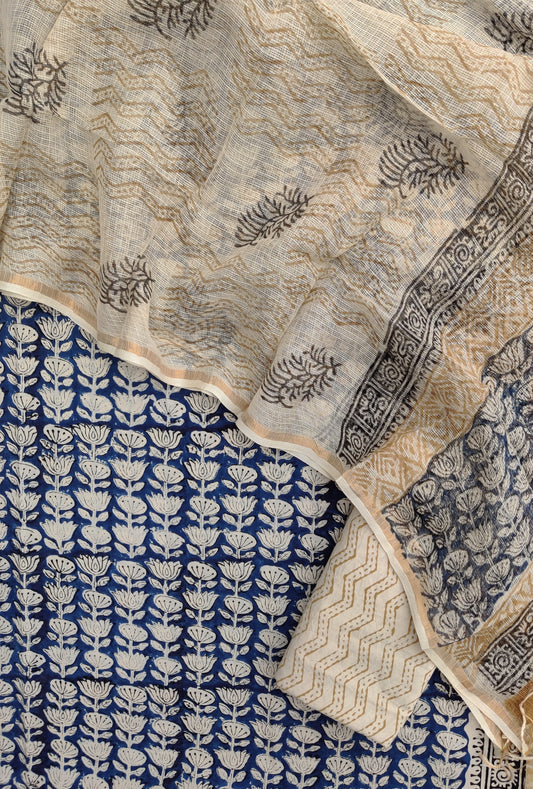 KALAMKARI Hand Block Printed Cotton Suit with Cotton Kota Doria dupatta
