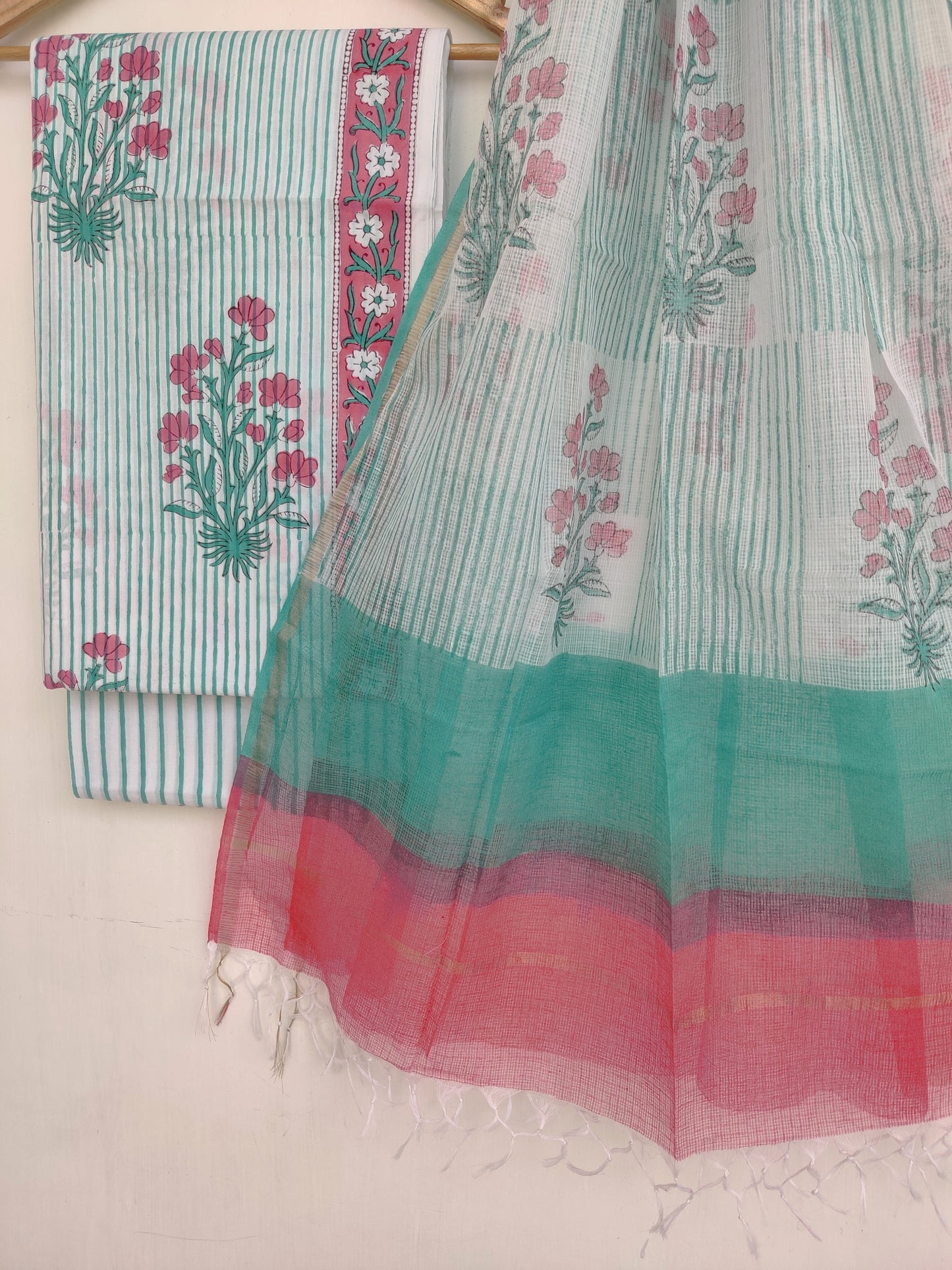 (SALE) Hand Block Printed Cotton Suit with Cotton Kota Doria dupatta