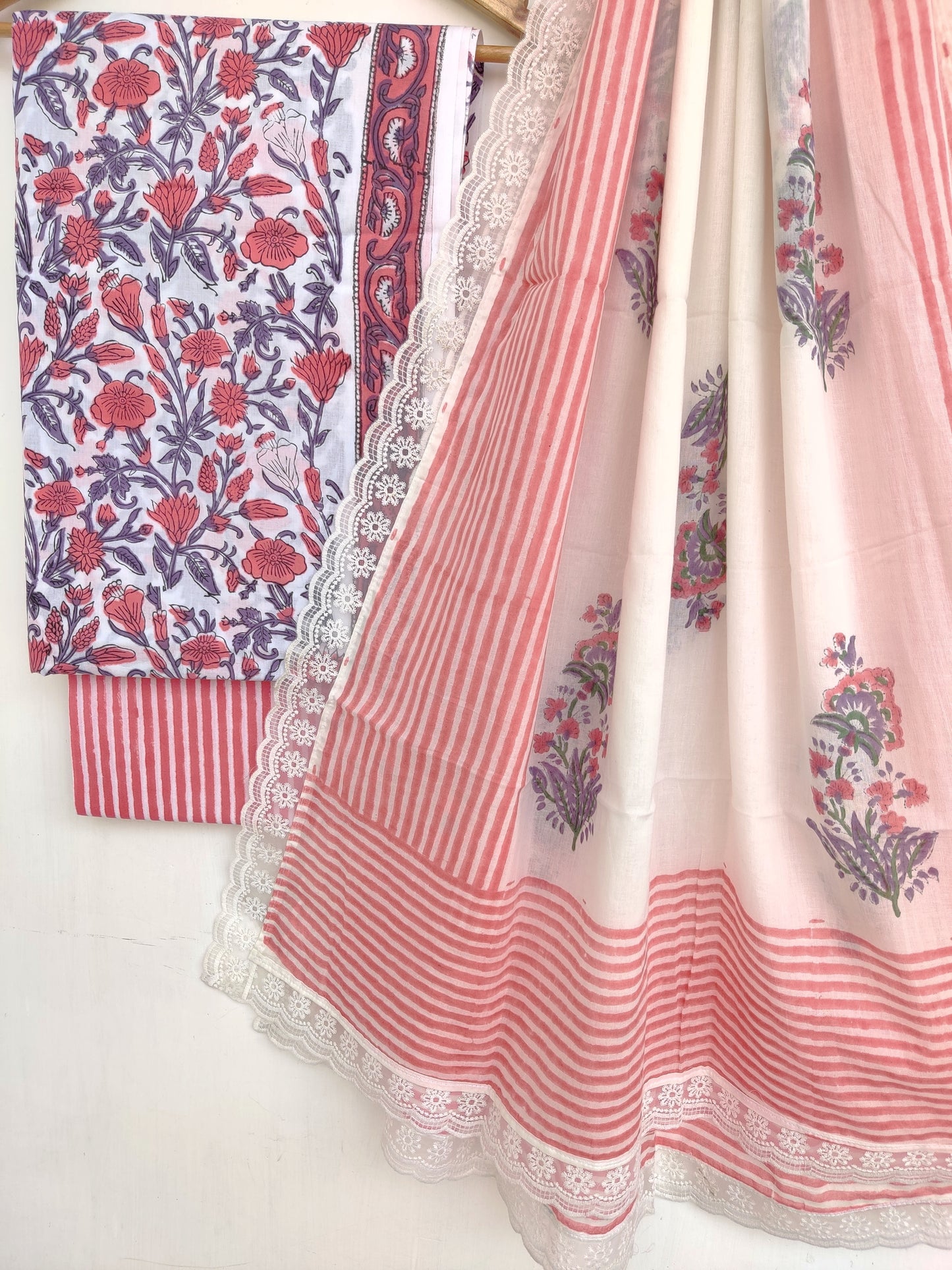 (SALE) Hand Block Printed Cotton Suit With Mulmul Dupatta