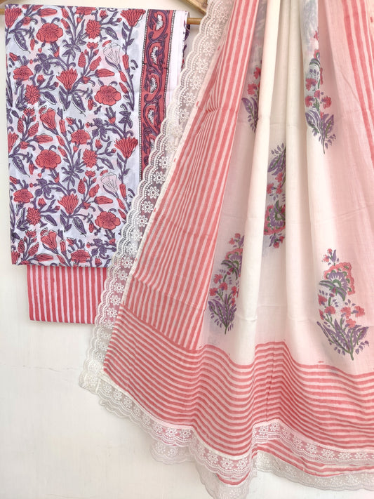 (SALE) Hand Block Printed Cotton Suit With Mulmul Dupatta