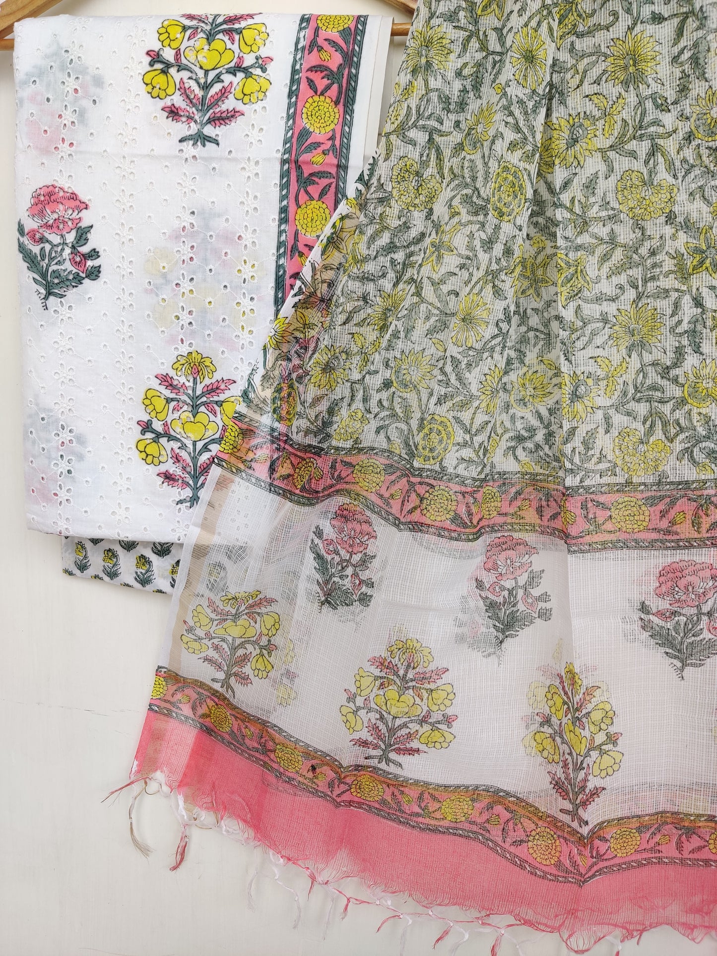 (SALE) Hand Block Printed Cotton Schiffli Suit with Kota Doria Dupatta