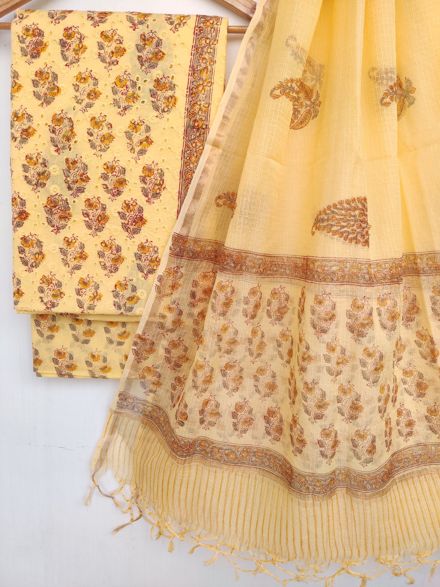 (SALE) Hand Block Printed Cotton Schiffli Suit with Kota Doria Dupatta