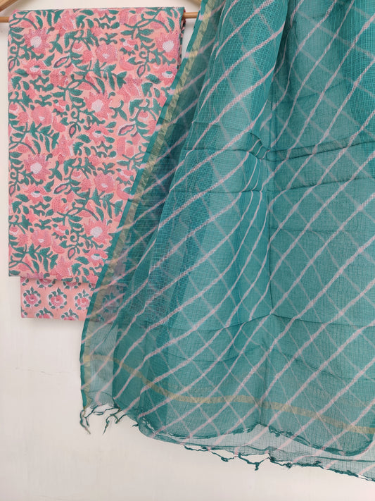 BLOCK PRINTED COTTON SUIT WITH LEHRIYA KOTA DORIA DUPATTA