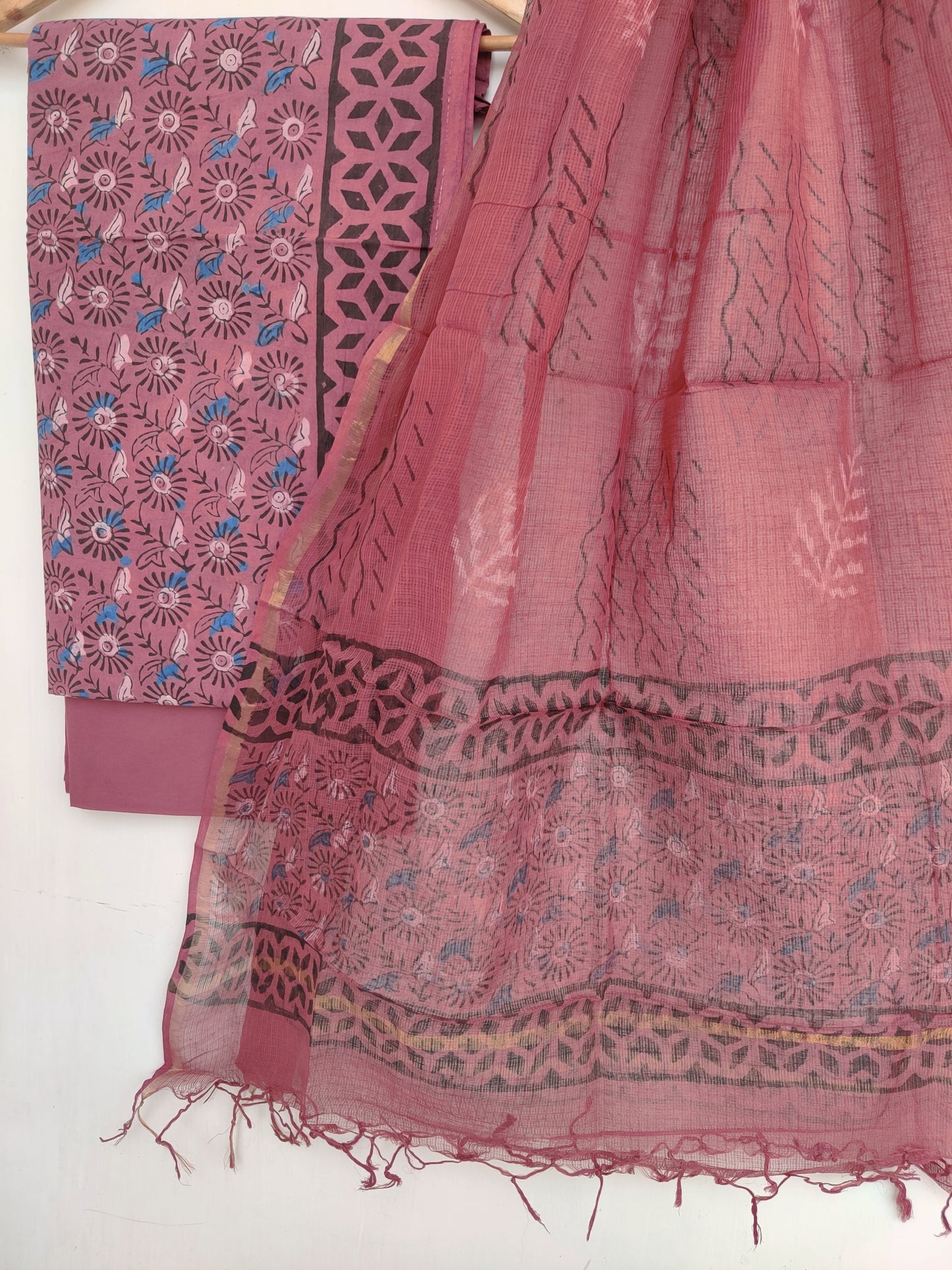 (VANASPATI) Block Printed Cotton Suit with Cotton Kota Doria Dupatta