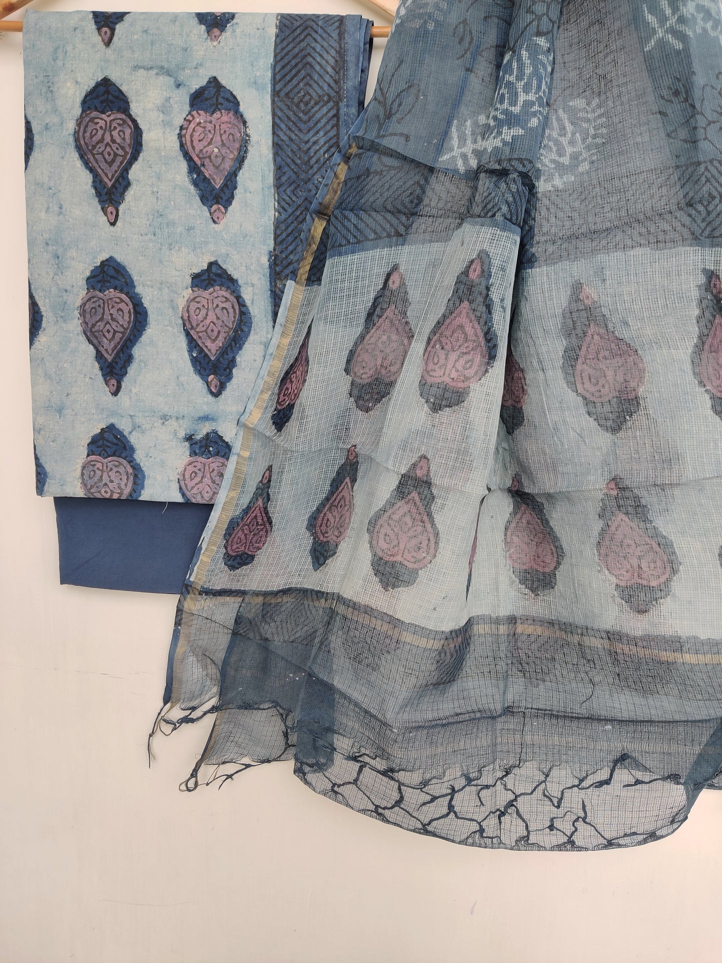 (VANASPATI) Block Printed Cotton Suit with Cotton Kota Doria Dupatta