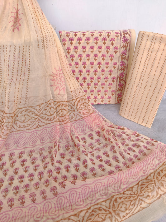 HAND BLOCK PRINTED COTTON SUIT WITH PURE CHIFFON DUPATTA