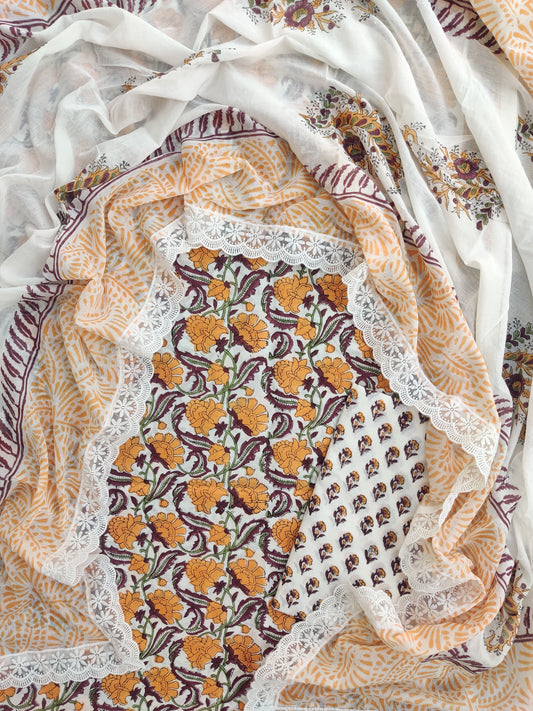 Hand Block Printed Cotton Suit With Lace Work Mulmul Dupatta