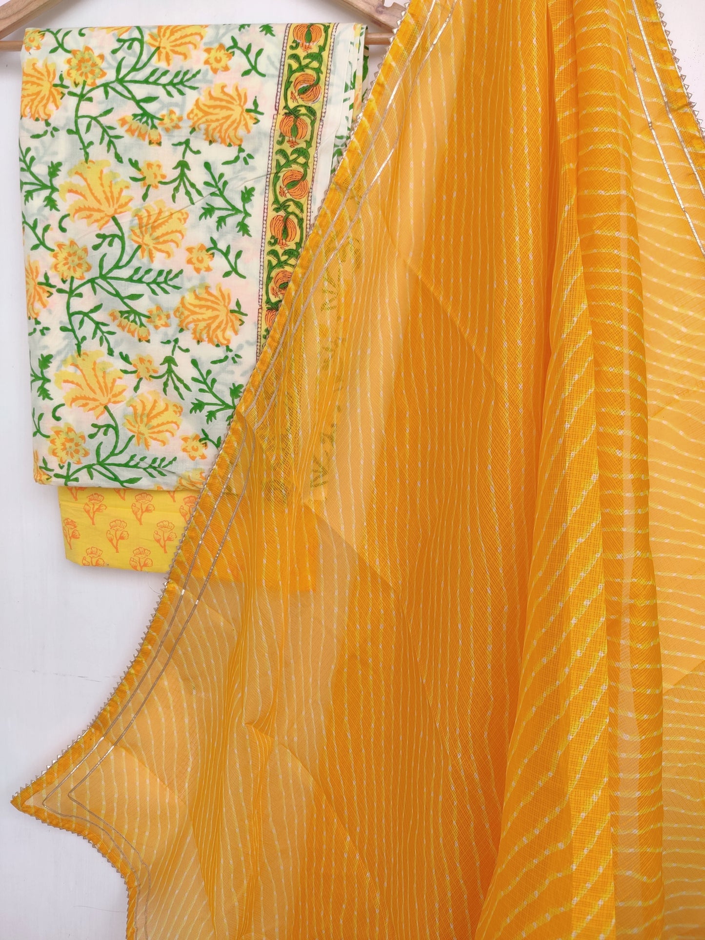 (SALE) Hand Block Printed Cotton Suit with Kota Art Silk dupatta