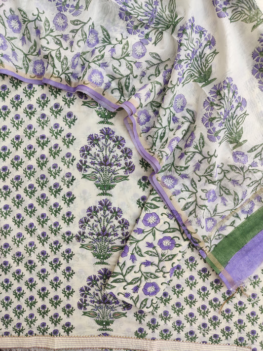 Hand Block Printed Cotton Suit with Mul Chanderi Dupatta
