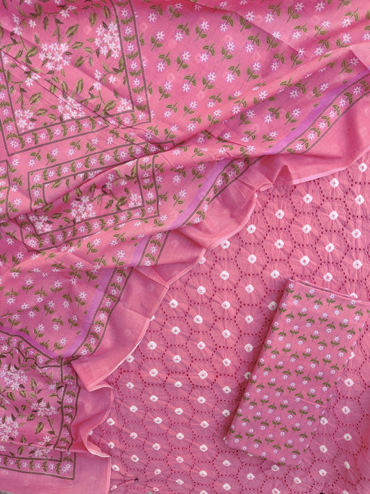 BANDHANI Schiffli Suit with Mulmul Dupatta
