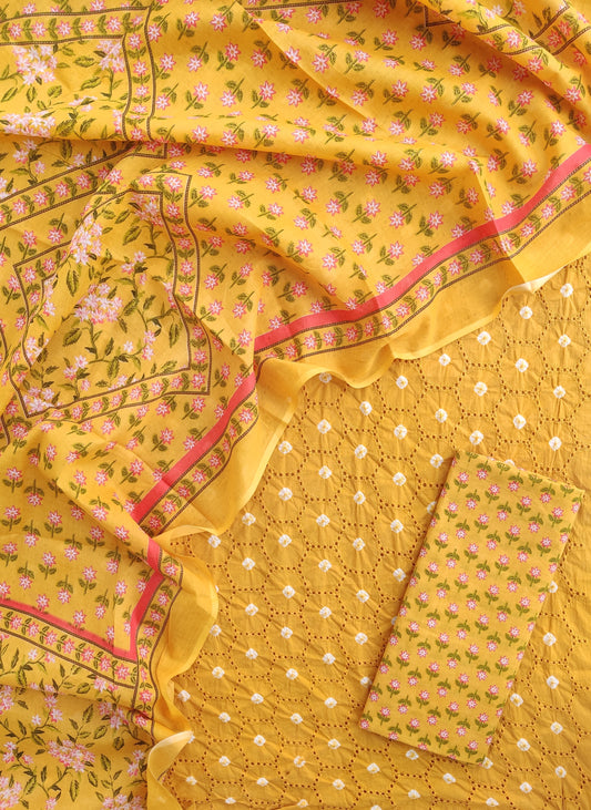 BANDHANI Schiffli Suit with Mulmul Dupatta