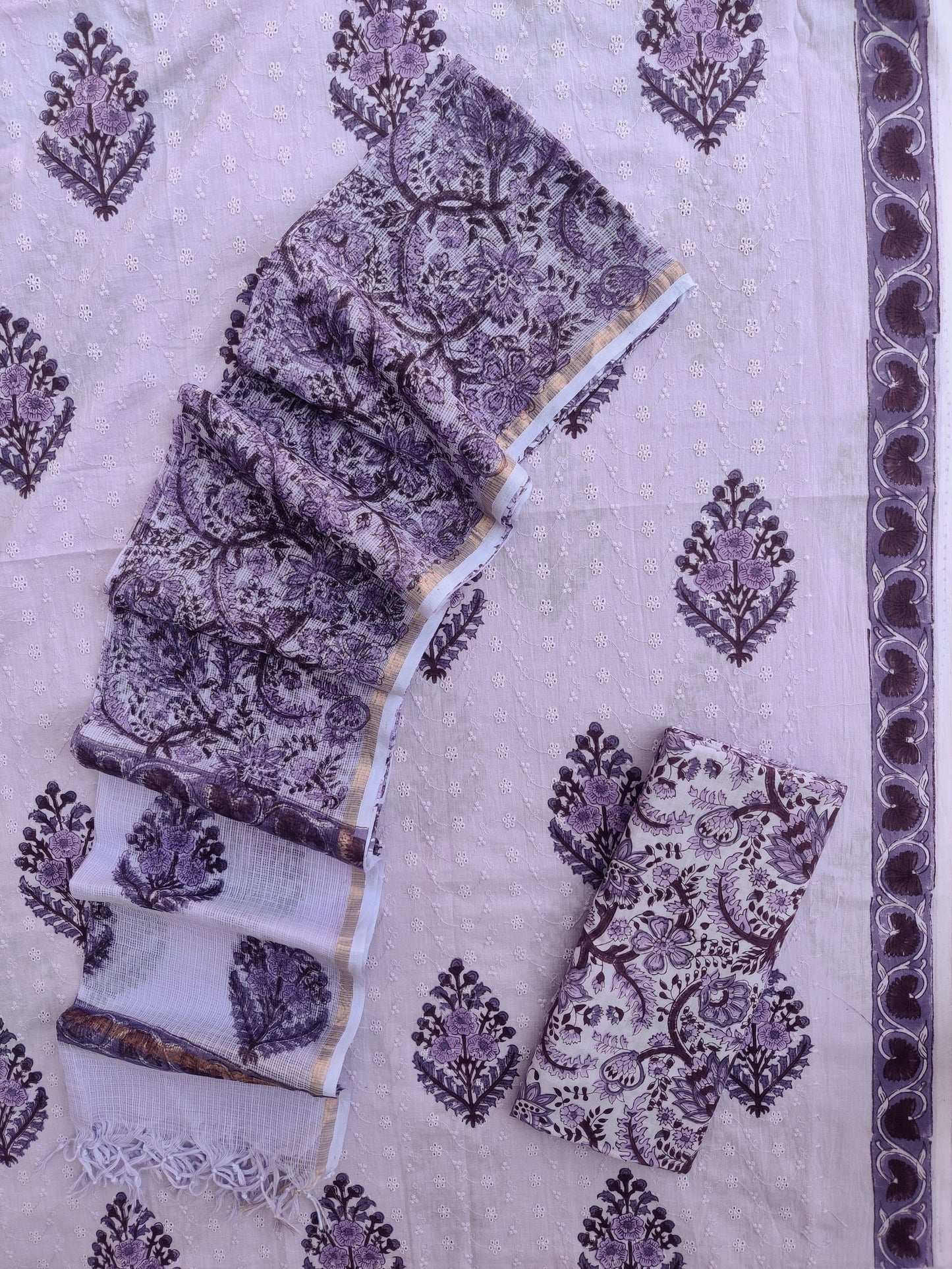 Hand Block Printed Cotton Schiffli Suit with Kota Doria Dupatta