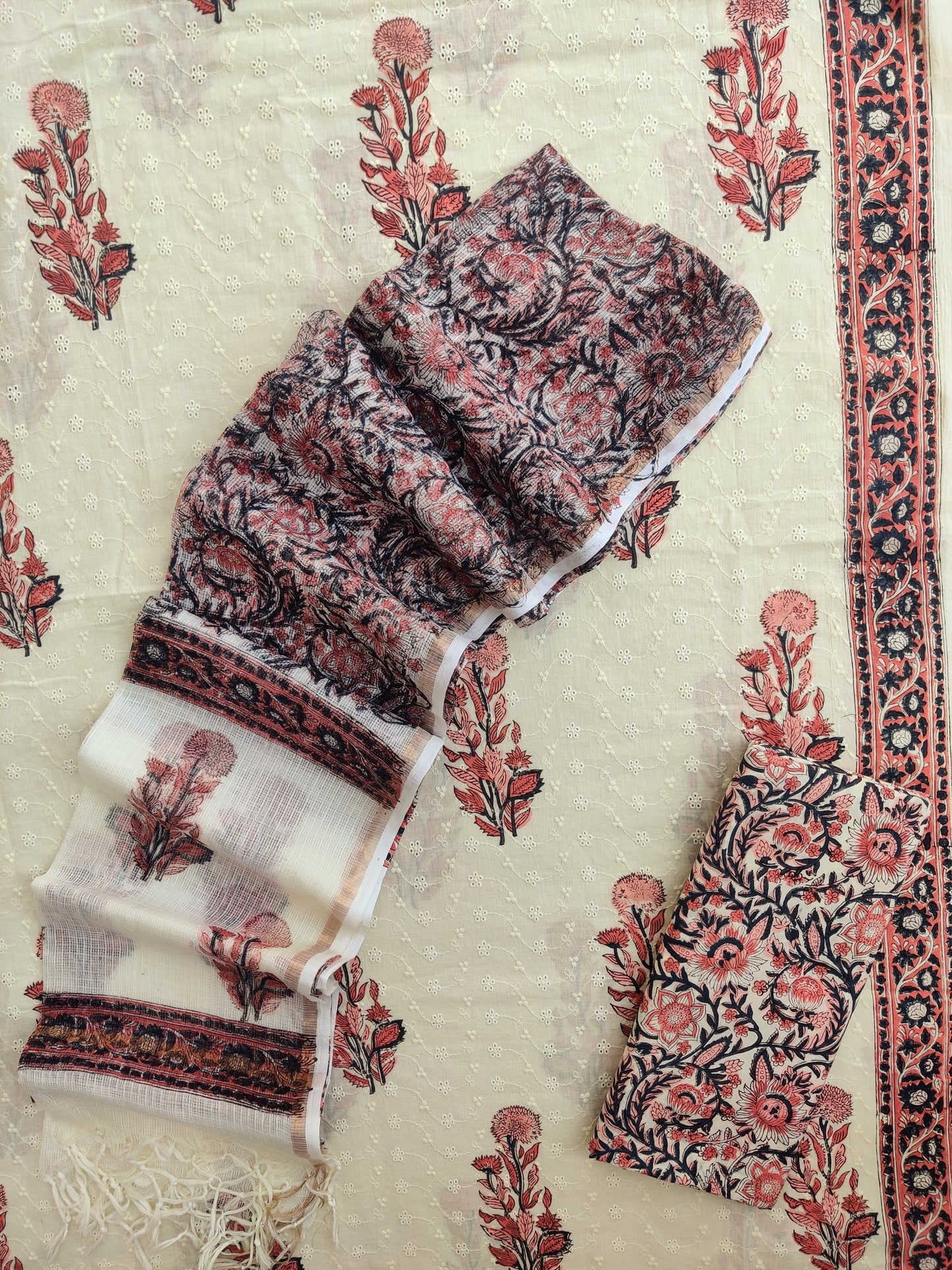 Hand Block Printed Cotton Schiffli Suit with Kota Doria Dupatta