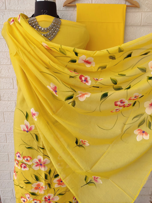 Hand Painted Cotton Suits with Mulmul Dupatta