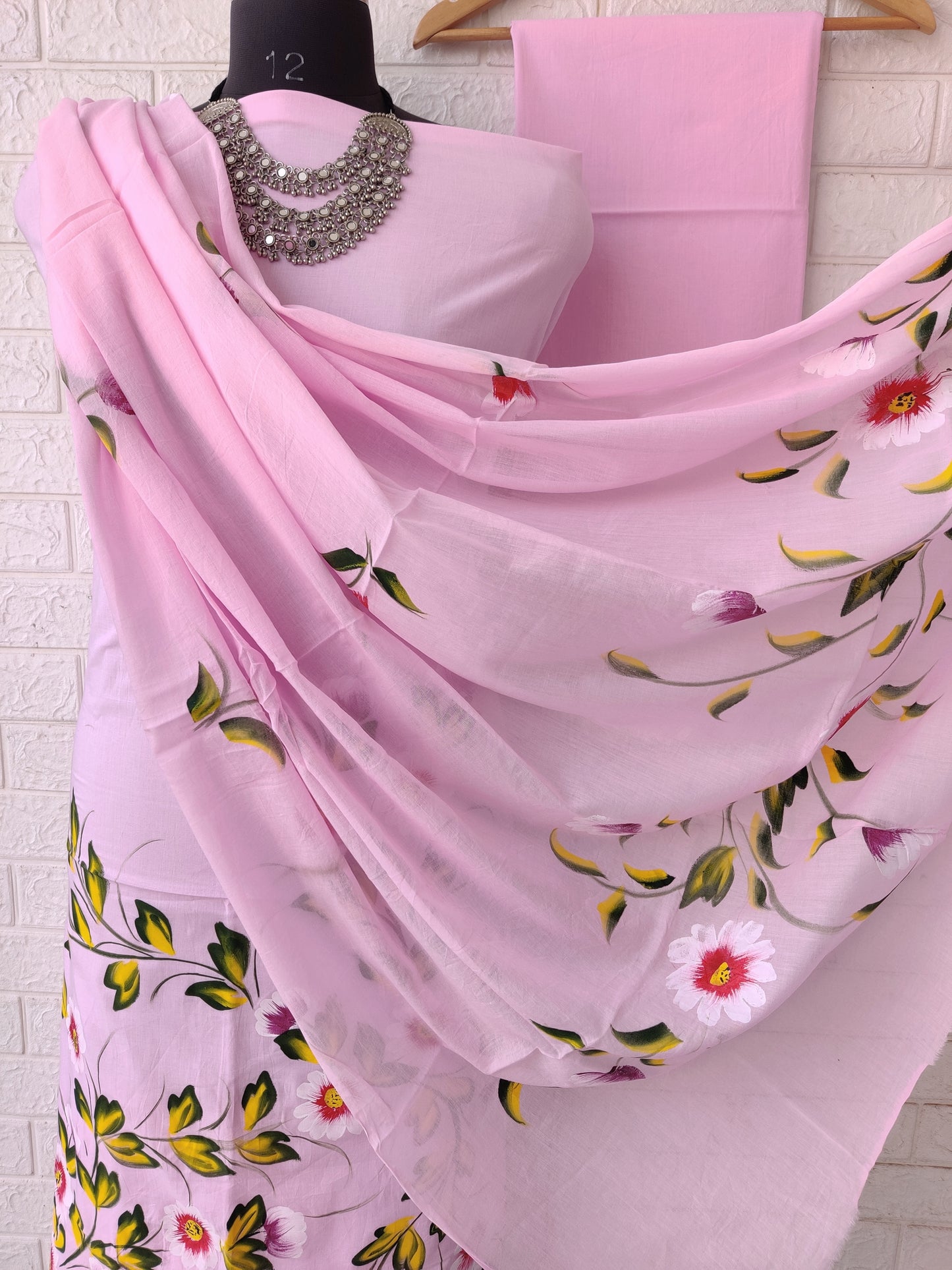 Hand Painted Cotton Suits with Mulmul Dupatta