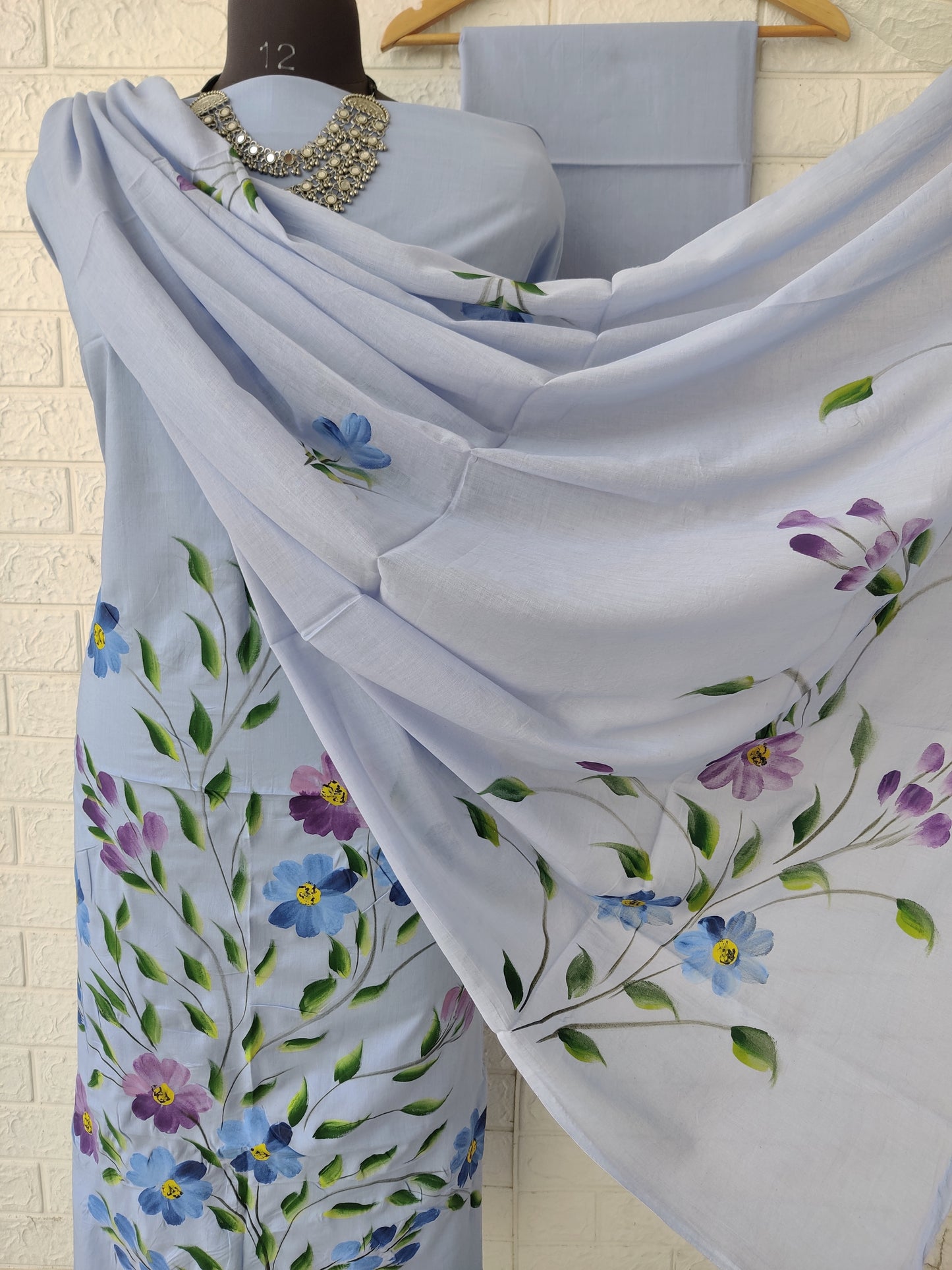 Hand Painted Cotton Suits with Mulmul Dupatta
