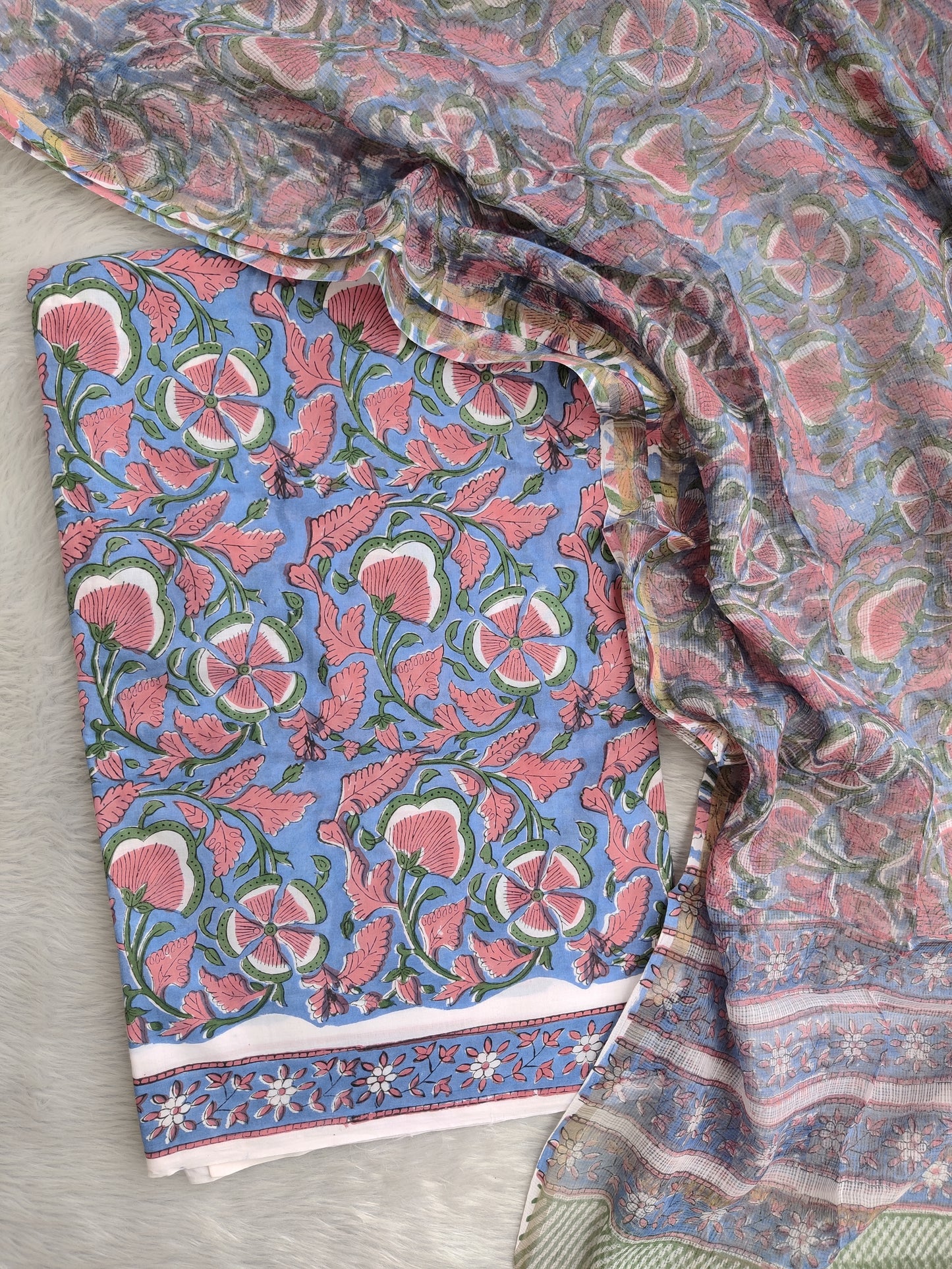 (SALE) *All over* Hand Block Printed Cotton Suit with Cotton Kota Doria dupatta