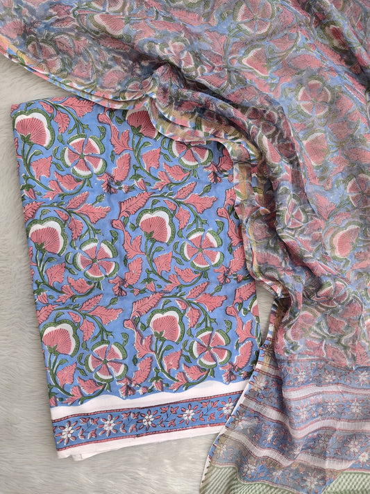 (SALE) *All over* Hand Block Printed Cotton Suit with Cotton Kota Doria dupatta