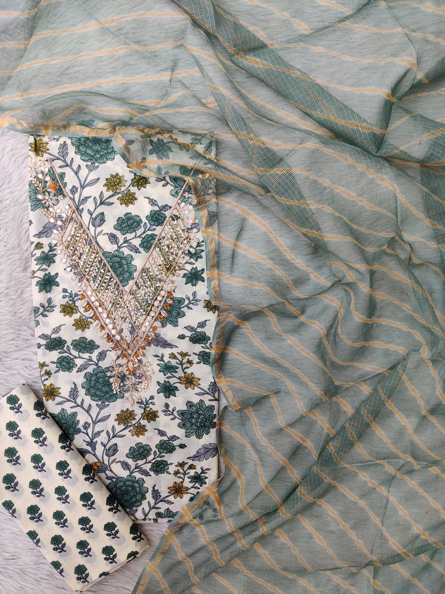 (SALE) JAIPURI PRINTED GOTA PATTI NECK WORK SUITS WITH LEHRIYA KOTA DORIA DUPATTA