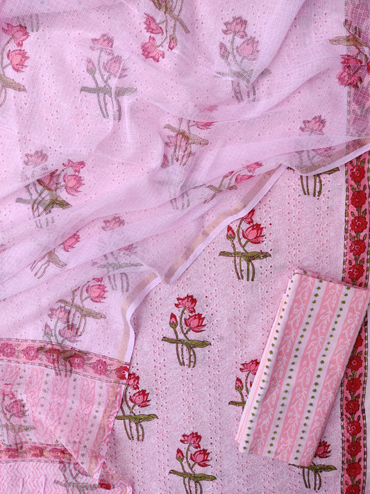 (SALE) Hand Block Printed Cotton Schiffli Suit with Kota Doria Dupatta